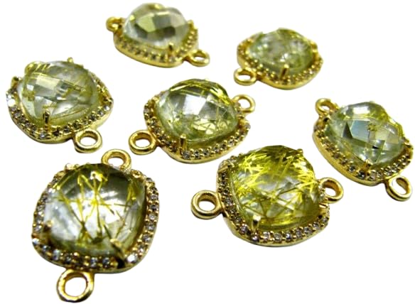 Golden Rutilated Quartz Cushion Shape Briolette Connectors 13mm with Setted CZ Pave Double Loop Bezel Gemstone Jewelry Sold Per Piece-image-41