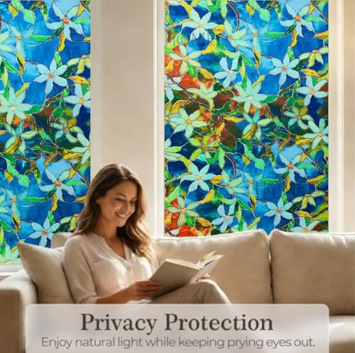 Image of HOME13 Window Privacy Film Frosted Glass Film Decorative Window Sticker Removable Window Film Home Office Privacy Film Window Coverings (Mystic Flower, 1 Feet by 7 Feet)