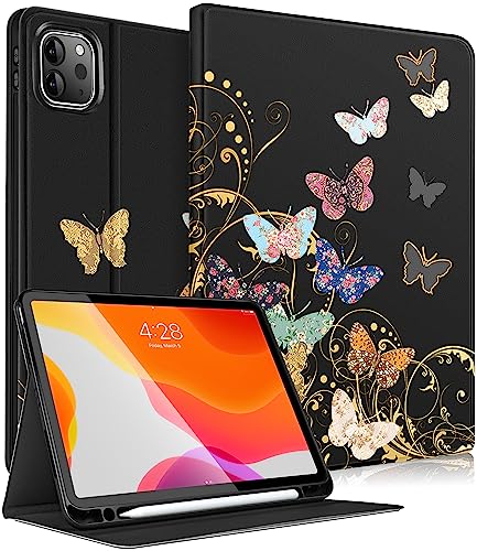 Pegmode for iPad Pro 12.9 Case Women Girls Cute Folio Cover Butterfly Girly Pretty Teens Kawaii Design With Pencil Holder Smart Cover for Apple iPad Pro 12.9 Inch Cases 2022/2021/2020/2018