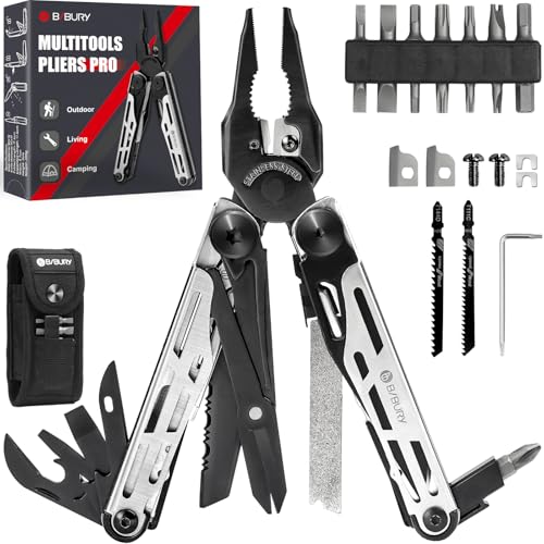 BIBURY Multitools, Multi Tool Foldable Pliers with Upgraded Scissors and Screwdriver Set, Stainless Steel Multitools – Pro, Ideal for Camping, Outdoor, Repairing – Gift for Dad Men -Black