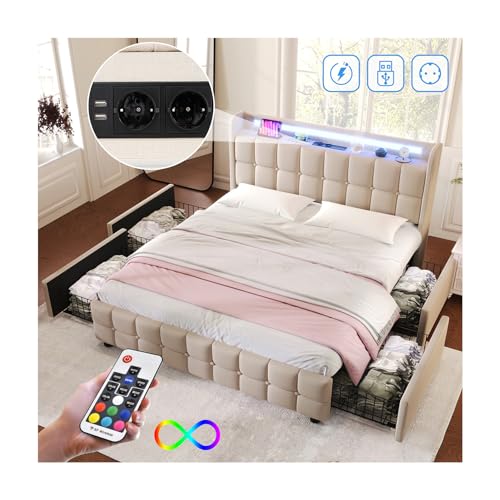 Lit 160x200 avec Sommier LED et USB, Lit Coffre 160x200 avec Tete de Lit et 4 Tiroirs, Lit Double avec à Lattes et espace de rangement, Lit 2 personnes Lit Capitonné Cadre de lit 160x200(Sans Matelas)