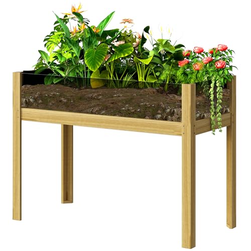 Outsunny Jardinière sur Pieds, carré Potager de Jardin sur Pieds avec Panneaux en Acrylique et Trous de Drainage, Potager surélevé en Bois pour Fleurs,...