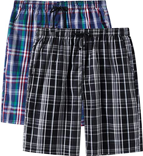 JINSHI Mens Pajama Shorts Cotton Sleep Bottoms Plaid Sleep Shorts Drawstring Lounge Shorts 2 Pack Large
