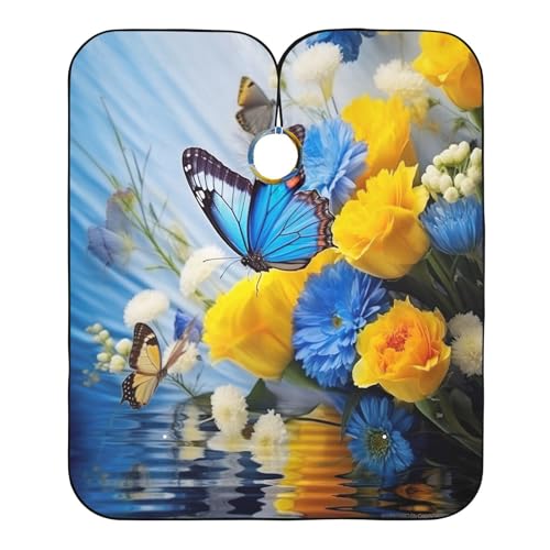 Capa para corte de cabello profesional impermeable con flores azules y amarillas, con cierre ajustable de broche, para peluquería y barbería miniatura 2