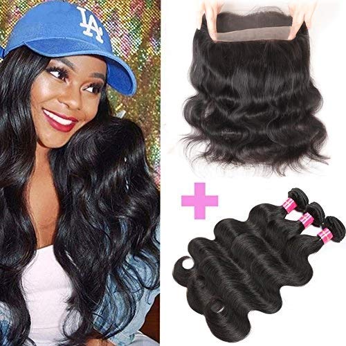 360 Lace Frontal with Bundles Body Wave 8A Virgin Human Hair Brazilian Body Wave 2 Bundles with 360 Closure Natural Black Color (12 14 with 10)