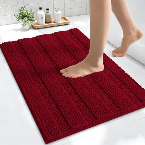 Image of Smiry Thick Small Chenille Bathroom Rugs 24x16, Extra Soft Absorbent Striped Bath Mat, Machine Washable, Rubber Backing, Bath Rugs for Bathroom, Tub & Shower, Modern Home Decor Accessories, Red