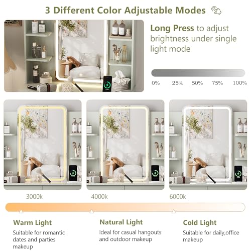 Image of Small Vanity Desk with Mirror and Lights, Makeup Vanity with LED Lights, Green Vanity Mirror with Lighted Desk and Chair, 3 Lighting Adjustable Compact Dressing Table with Mirror for Women, Girls