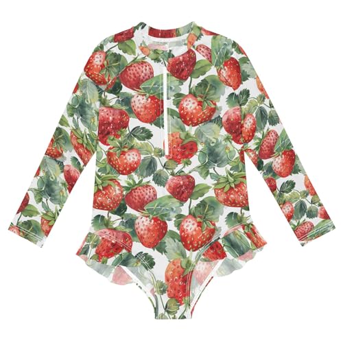 Red Strawberries Green Leaves Girls Swimsuit One Piece Long Sleeve Sun Protection Rash Guard Ruffles Swimwear Bathing Suit for Kids, 4T