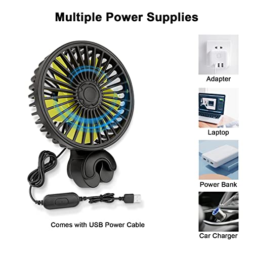 Image of Qidoe Car Fan for Backseat, USB Powered Car Rear Seat Headrest Fans, 3 Speeds and 360 Degree Rotatable Cooling and Powerful Air Circulation Fans for Sedan, SUV, RV, Pickup, Truck, Van, Golf Vehicles