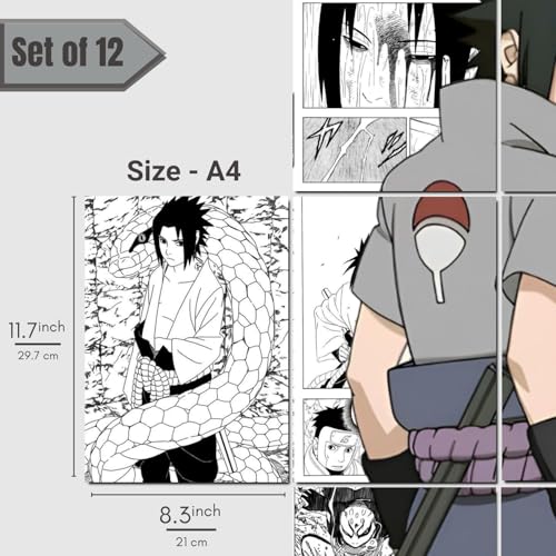 Image of Posternet Set of 12 (A4) Size poster Sasuke Uchiha manga kit wall decor 300 GSM hard poster Naruto posters Paper Print (A4) Full size (33 inch X 23 inch, Packed)