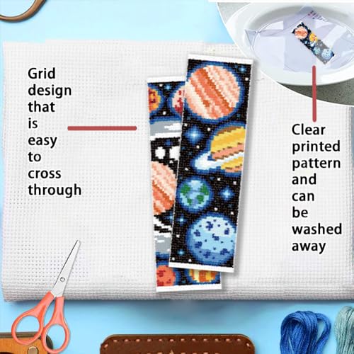 Image of FREEBLOSS 6 Set Cross Stitch Bookmark Kit Planets Pattern Stamped Cross Stitch Kit 11CT Embroidery Kits with Instructions for Beginners Adult 20x6cm /8x2.4inch