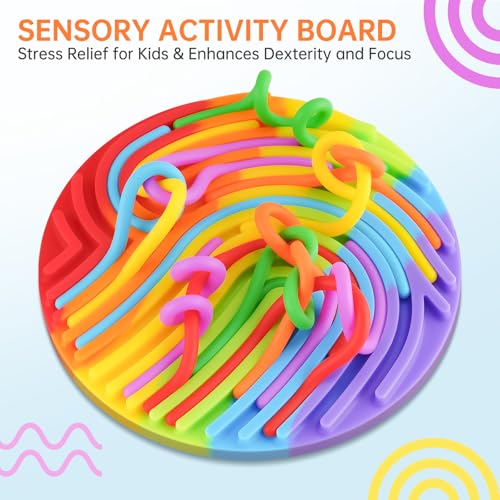 NiToy Silikon Sensorik Activity Board, Sensorik Spielzeug für Autismus Spielzeug, Reise-freundliches Activity Board für Hand-Augen-Koordination und Stressabbau,mit 13 Zubehör Schnüren (Regenbogen)