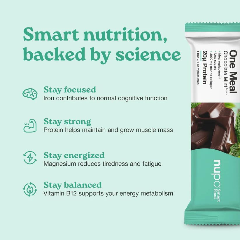 NUPO One Meal Bar – Chocolate-Mint (15 x 60g) | Leckerer High Protein Mahlzeitenersatz Riegel zum Abnehmen | Low Sugar | Mit 3000 mg Kollagen | Kalorienarme Snacks mit Vitaminen & Mineralien