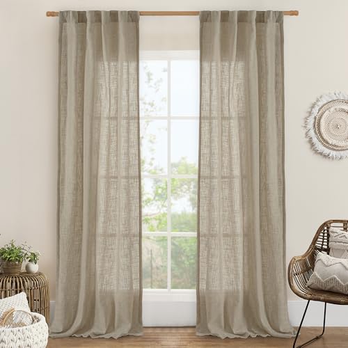 LAMIT Taupe Linen Curtains for Living Room, 84 inch Length Light Filtering Semi Sheer Drapes Back Tab and Rod Pocket Boho Farmhouse Panels for Bedroom, 2 Panels, 34 x 84 Inch