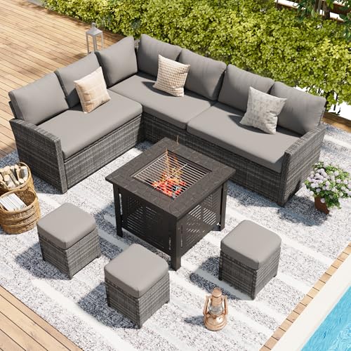 U-MAX 7 Pieces Patio Furniture Set with 30 Inch Fire Pit Table, O...