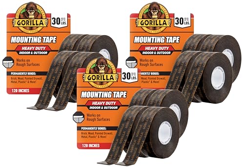 Image of GORILLA Heavy Duty Double Sided Mounting Tape, Black Tape, 1 inch x 120 inch (Pack of 12) - Weatherproof for Indoor or Outdoor