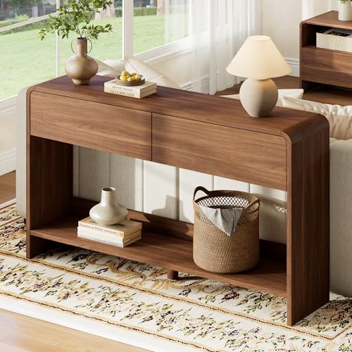 Image of AMERLIFE 55 inch Modern Console Table with 2 Storage Drawers and Open Shelf, Wooden Entryway Table with Curved Edges, Sofa Table Behind Couch for Hallway, Foyer, Entrance, Living Room, Brown