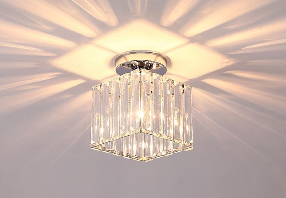 Generic Crystal Gold Flush Ceiling Hallway Light Fixture, LED, Round Shape, E27 Bulb Holder (Silver, Square), BL-001