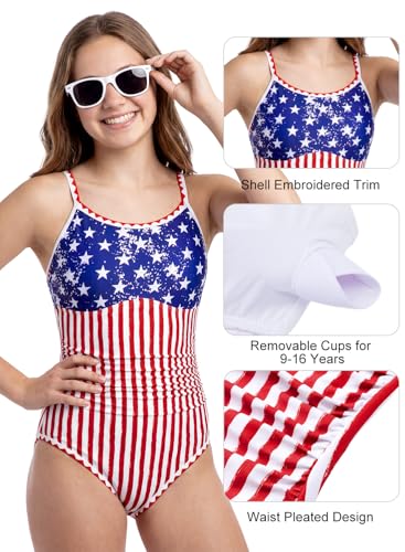 Image of XiaoMoSha Girls One Piece Swimsuit Adjustable Straps Bathing Suit Teen Girl Color Block Trim Padded Beach Swimwear 6-16 Years