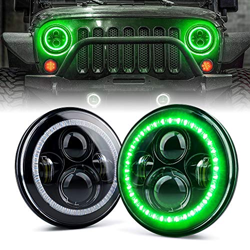 Image of 90W LED Headlights w /Green Halo Angel Eyes for 1997-2018 Wrangler JK TJ LJ
