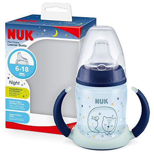 NUK First Choice+ - Biberón para aprender a beber (6 – 18 meses, 150 ml, válvula anticólicos, boquilla antigoteo, efecto luminoso, asas ergonómicas, sin BPA, color azul