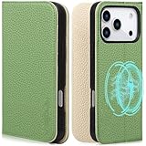 VISOUL iPhone 17 Pro 対応 ケース 手帳型 本革 アイフォン17 プロ 手帳型ケース MagSafe対応 スマホケース レザー カード収納 携帯カバー 横置きスタンド機能付き マグネット式 全面保護 柔軟なTPU素材 アイホン17 Pro グリーン・ホワイト