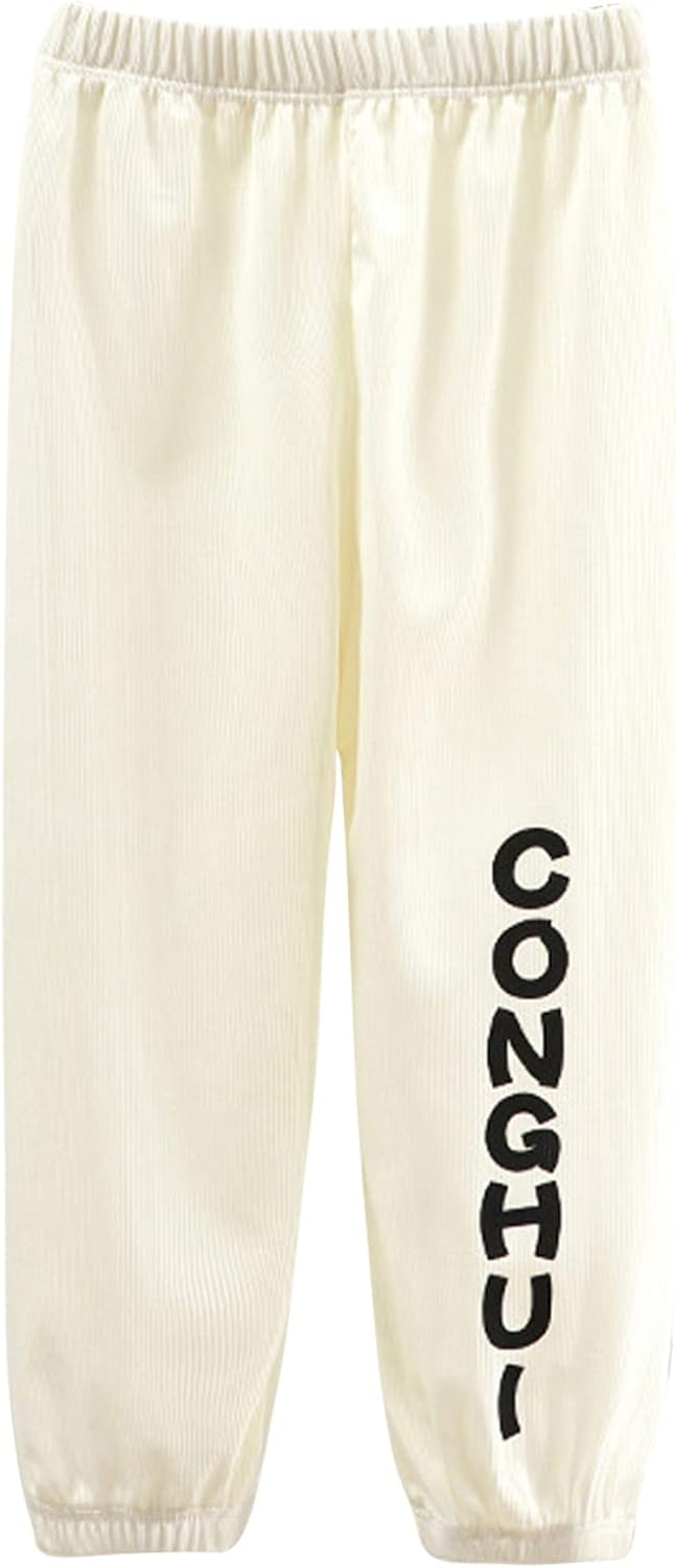 Kaerm Baby Boys Girls Elastic Waistband Solid Color Letter Print Casual Cropped Pants Cotton Linen Trousers
