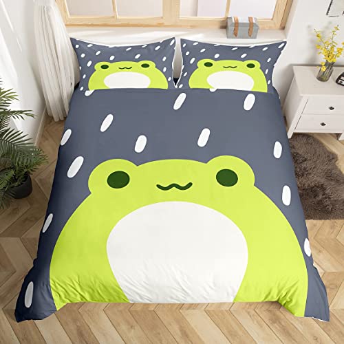 Loussiesd Cartoon Frog Duvet Cover 3D Animals Comforter Cover Rain Cute Animal Frog Green Gray Bedding Set For Kids Adults Bedspread Cover Ultra Soft King Size Zipper