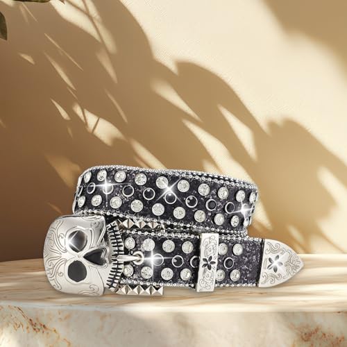 Punk Skull Pin Buckle Belt for Pants Rhinestones Studded Belt Street Dance Jeans Pants Belt Adult Unisex Waist Accessory3