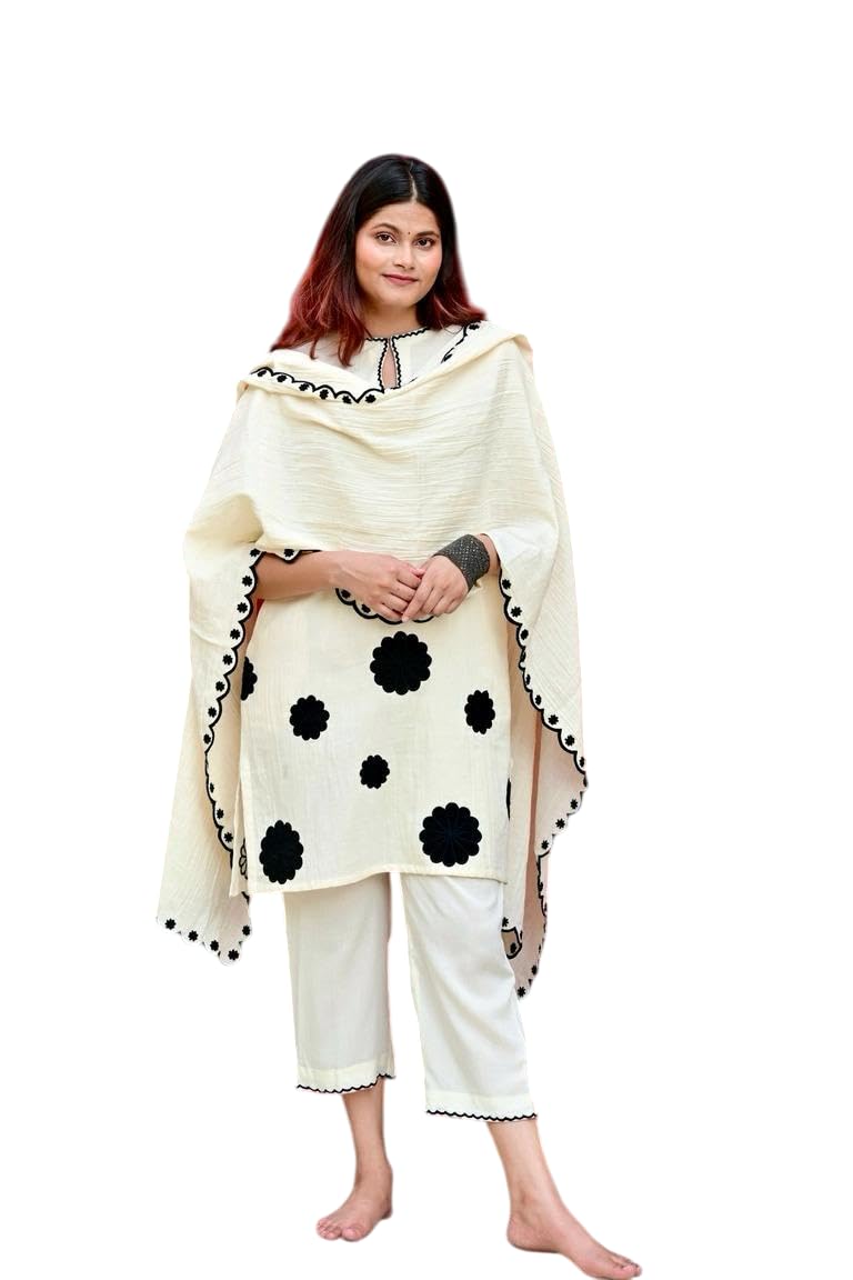 Women's Cotton Embroidered Floral patchwork Kurti with pant and Dupatta set-image-29