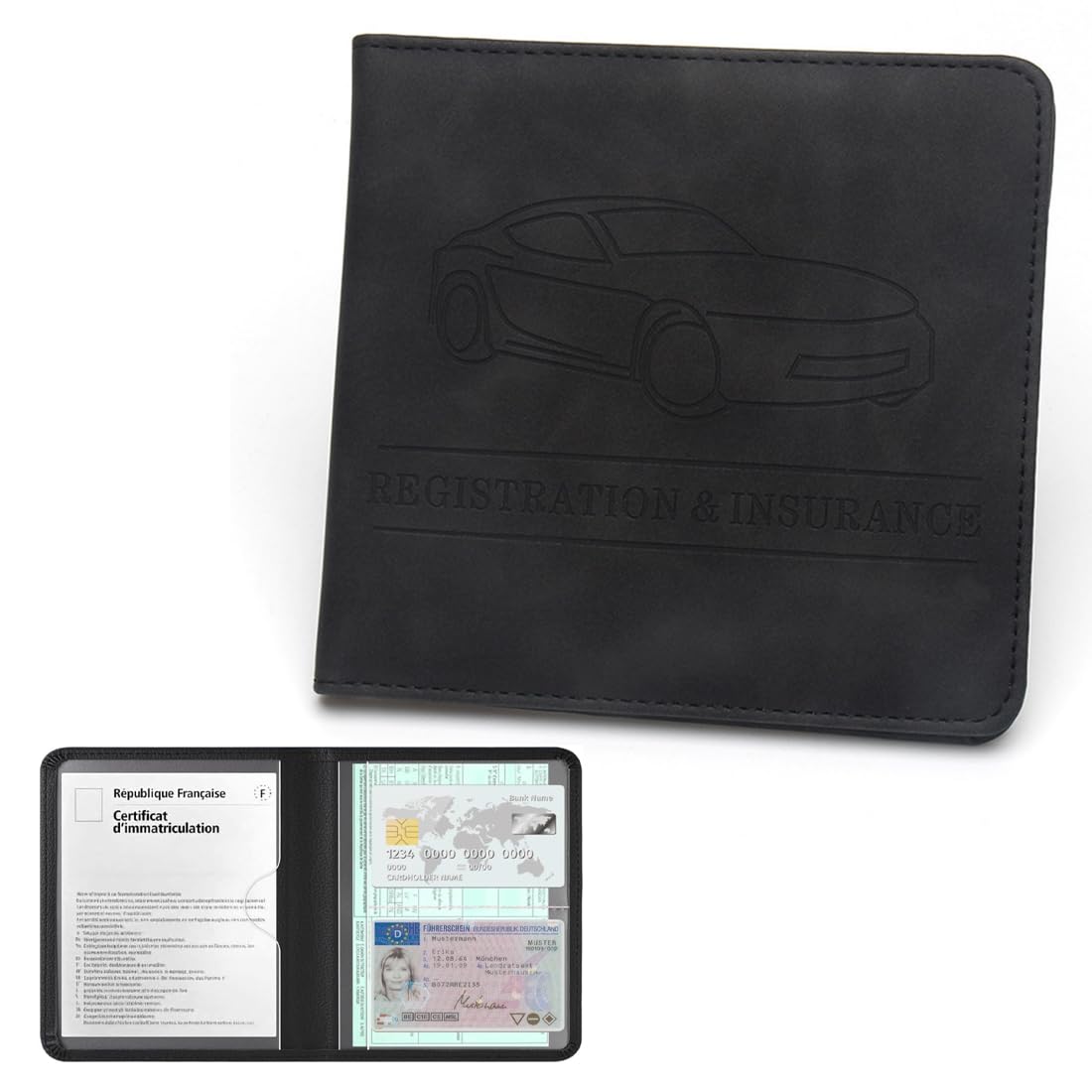 Porta Documentos para Coche – 1 unidad, Funda Compacta de cuero sintético para Registro del Vehículo, Ideal como Porta Documentos de Coche (Negro)