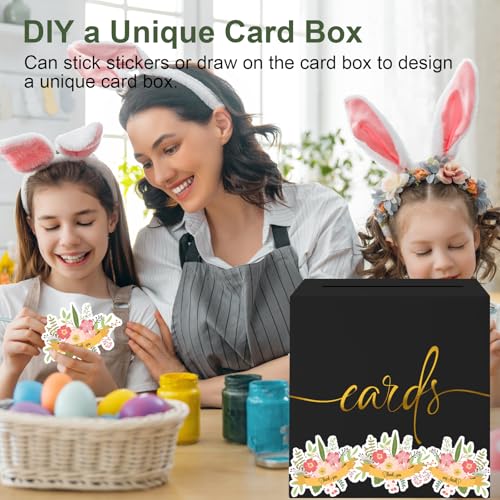 Image of Black Card Box with Gold Foil Design, Paperboard 8.7 inch Card Box for Birthday Wedding Party Graduation Retirement Anniversary Valentine's Day & Baby Showers Halloween, Raffle or Money Box