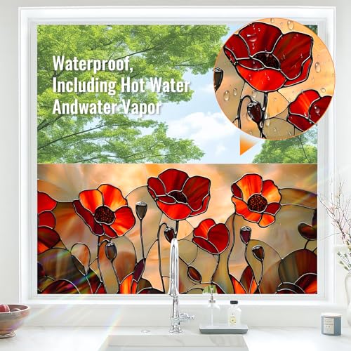Película para ventana BVBOX 17.5" x 39.3" Floral Roja miniatura 4