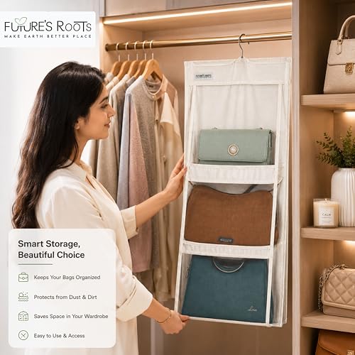 Image of FUTURE'S ROOTS Cotton Purse Organizer for Wardrobe with 6 Transparent Mesh Pockets | Hanging Handbag Storage Holder with 360 Rotating Hanger & Label Slip Pocket, Washable Closet Organizer(Set of 1)