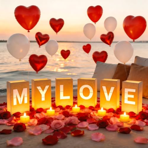 Image of MY LOVE Light Up Letters, with Tea Lights Candles, Rose Petals, Pearlescent Foil Balloons - Luminary Paper Bags, Anniversary Decorations and Valentines' Day Decorations for Your Loved One