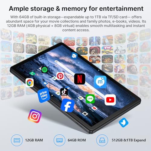 Image of Android 16 Tablet 2026 10 Inch Tablet Octa-Core Processor AI Gemini 12GB RAM + 64GB ROM + 1TB Expand,7000mAh Battery,5GWiFi,8+13MP Camera 2in1 Tablets with Keyboard,Case,Mouse,Stylus