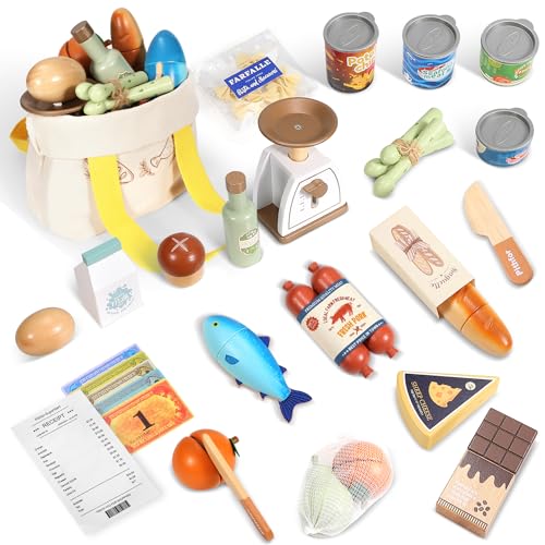 Pithfor Wooden Play Food Set for Kids Toddlers, Grocery Store Pretend Play Food, Pretend Grocery Shopping & Play Kitchen Accessories for Boys Girls
