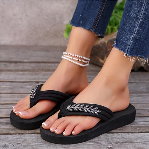 Flip Flops With Rhinestones For Women Thick Sole Med Heel Slippers Woman2