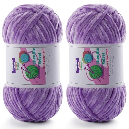 Image of Chenille Velvet Yarn for Crocheting, Purple Fuzzy Fluffy Yarn for Crochet | 2 Pack of 3.5 Oz /131.2 Yds Bulky Thick Chunky Yarn for Crocheting, Soft Amigurumi Yarn for knitting Baby Blankets, Scarves