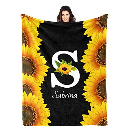 Personalized Sunflowers Blanket with Name, Custom Baby Blankets for Girls Boys Baby Customized Blankets with Initials Baby Name Blanket, Custom Yellow Sunflowers on Blankets for Girls with Name