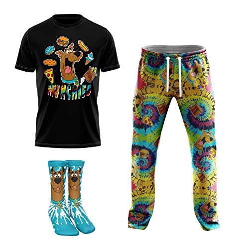 Scooby-Doo! mens 3-pc Lounge Box Set With T-shirt, Pants and Socks in Psychedelic Tiedye & Scooby Snacks Sizes S-m-l-xl