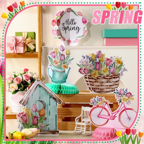 Image of 12 Pcs Spring Party Decorations Hello Spring Theme Party Decorations Flower Tulip Honeycomb Table Centerpieces for Home Office Birthday Honeycomb Supplies Decor