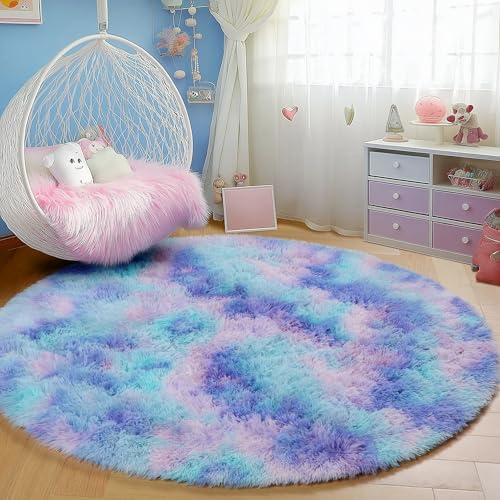 PAGISOFE Round Rugs 5Ft Cute Shaggy Circle Rug for Girls Bedroom, Purple Rainbow Rugs for Kids Room, Teen Girls, Playroom, Nursery, Fluffy Furry Pastel Mermaid Rug, Soft Plush Kawaii Tent Carpet - Image 4