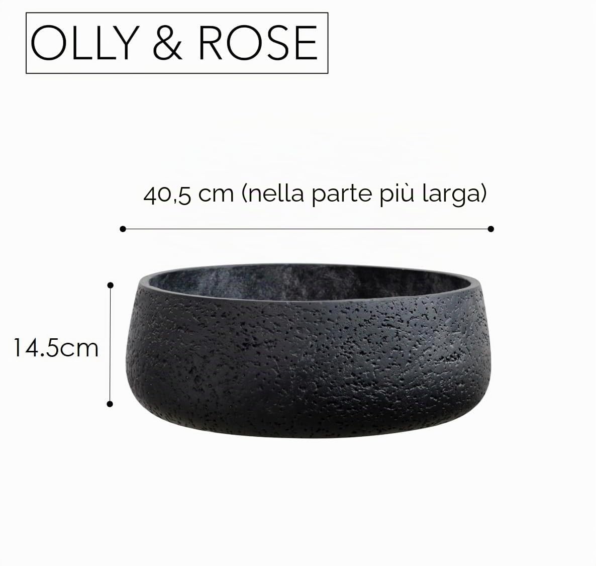Olly & Rose Ciotola Fioriera in Ceramica Nera Opaca per Decorazione Casa - Vaso per Piante Poco Profondo per Interni ed Esterni - Vaso Decorativo per Fiori e Ciotola da Giardino (40,6 cm)