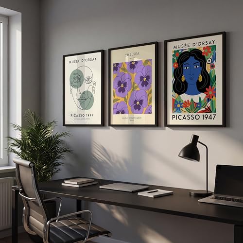 Image of NoWorries Modern Abstract Wall Art Frame | London Chelsea Floral Print & Picasso' Inspired Wall Art Paintings 300 GSM Premium Prints | Stylish Home Decor for Living Room, Office & Bedroom | Synthetic Wooden Wall Art Frames (Set of-3) (BLACK, ART-10, 13X19INCHES)