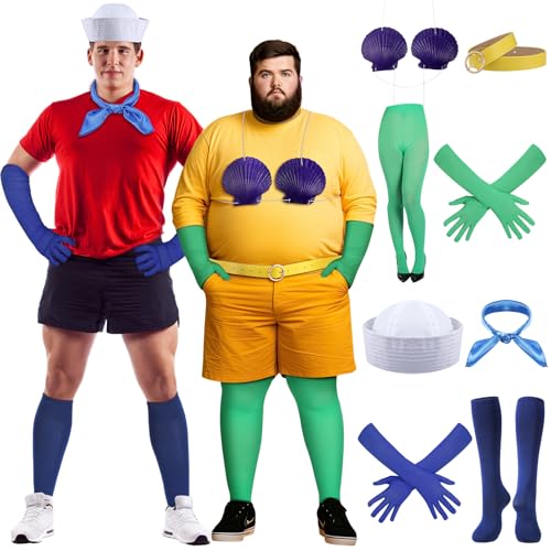 Croknit 9 Pcs Halloween Couple Costume Include Seashell Bra Rope Sailor Hat Scarf Gloves Socks Footed Tights Long Elbow Glove Leather Belts for Men Women Character Cosplay