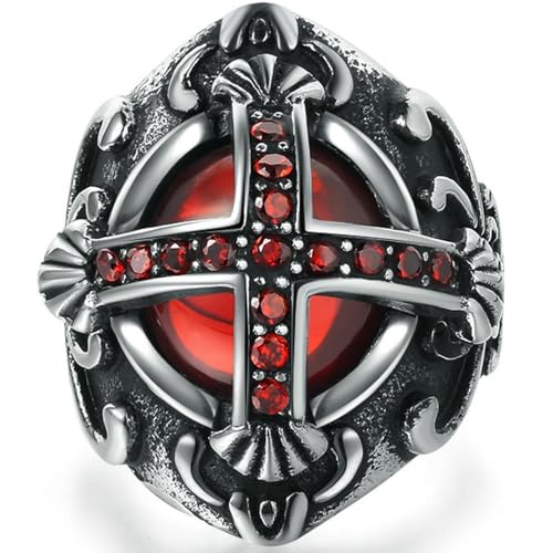 Jpltlvy Anillo de titanio gótico con cruz de rubí para hombre, corona de regalo, 10