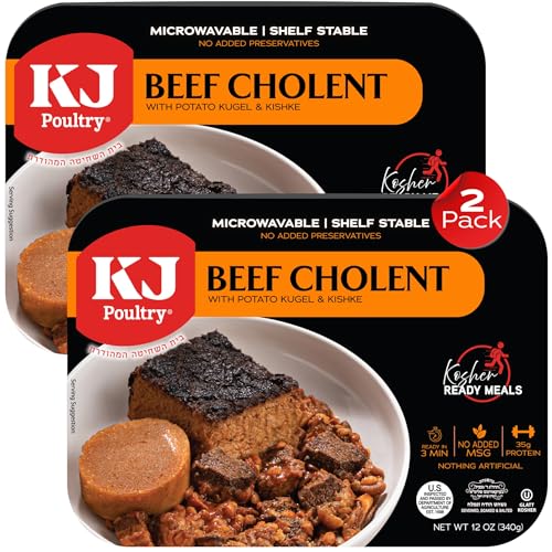 Image of KJ Poultry Kosher Ready Meals - Beef Chulent & Kugel, MRE Meat Meals Ready to Eat, Shabbos Food (2 Pack) Prepared Entree Fully Cooked, Shelf Stable Microwave Dinner Travel, Military, Camping, Survival