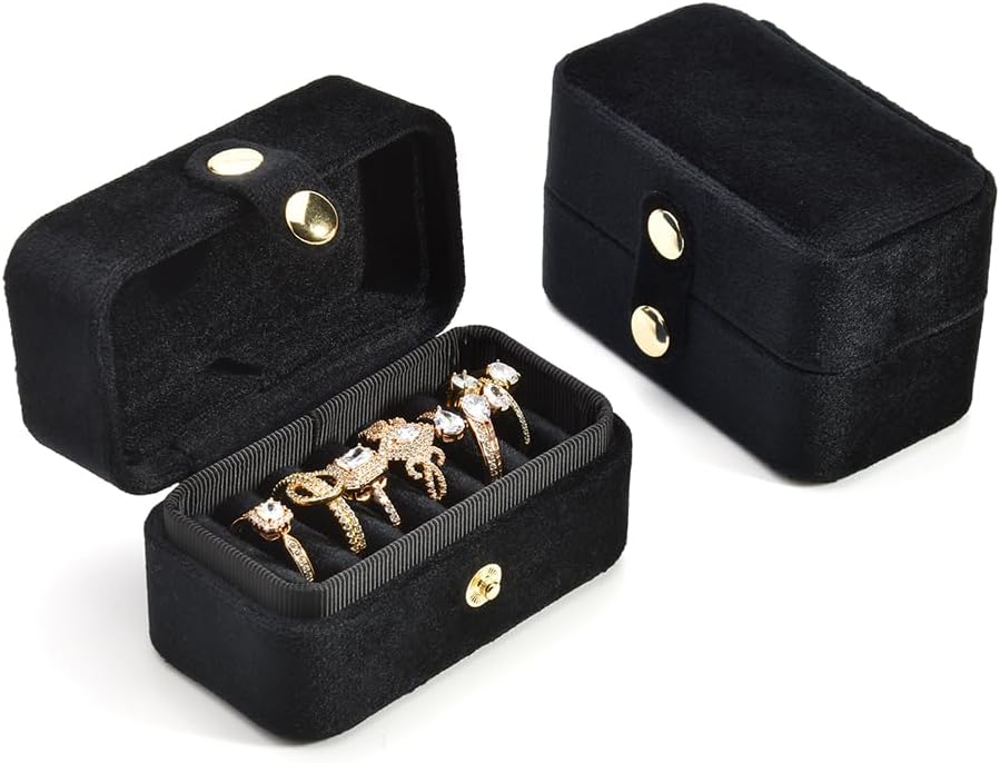 Travel Ring Box, Portable Pocket Size Small Plush Velvet Jewelry Case for Women, Mini Ring Holder and Organizer (Black)