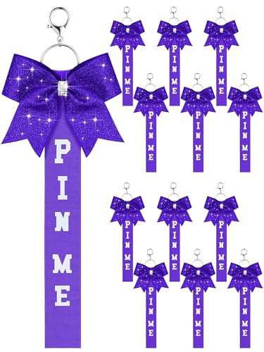 Landical 12 Pcs Cheer Pin Me Ribbon Cheerleader Ribbon Keychain with Rhinestones Bow for Cheerleader Bag Backpack (Purple)